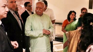 RSS Chief Mohan Bhagwat being received on his arrival John F. Kennedy International Airport ahead of the Raksha Bandhan festival, in New York, United States. (Handout via PTI Photo)(PTI08_25_2026_000410B)