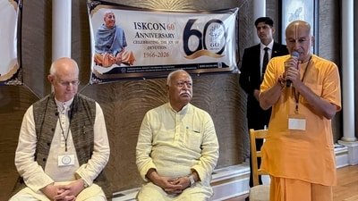 RSS chief Mohan Bhagwat, second left, attends a program during his visit to the ISKCON Temple on its 60th anniversary, in New York. (PTI)
