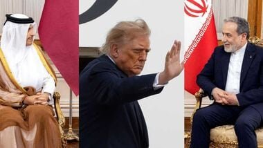 Qatar's Prime Minister and Foreign Minister Sheikh Mohammed bin Abdulrahman bin Jassim Al-Thani (L) meeting with Iran's Foreign Minister Abbas Araghchi (R) in Tehran on August 27, 2026; US President Donald Trump (C).