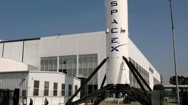 HAWTHORNE, CALIFORNIA - AUGUST 04: A SpaceX Falcon 9 rocket is displayed at a SpaceX facility on August 04, 2026 in Hawthorne, California. Justin Sullivan/Getty Images/AFP