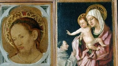 Christ in Pieta, the reverse side of a double-sided devotional panel by 15th-century Renaissance painter Antonello da Messina, which was stolen from the Museo Regionale Accascina in Messina, Italy, (R) The Madonna and Child with a Franciscan in adoration, the front side of a double-sided devotional panel by 15th-century Renaissance painter Antonello da Messina.