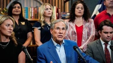 Texas Gov. Greg Abbott speaks at a press conference addressing foreign influence in public education at the Texas Public Policy Foundation in Austin, Tuesday, Aug. 18, 2026.  (Sara Diggins/The San Antonio Express-News via AP)