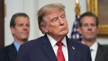 President Donald Trump listens as Gemini co-founder and president Cameron Winklevoss, left, and Gemini co-founder and CEO Tyler Winklevoss, right, watch, during a meeting with technology leaders in the Roosevelt Room of the White House, Wednesday, Aug. 19, 2026, in Washington. (AP Photo/Jacquelyn Martin)