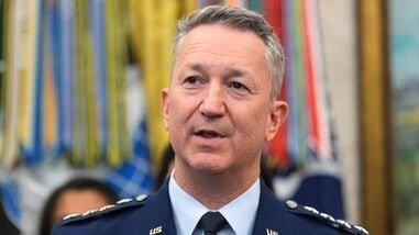 Gen. Dan Caine, chairman of the Joint Chiefs of Staff, speaks during a meeting about military families with President Donald Trump, in the Oval Office of the White House, Monday, Aug. 3, 2026, in Washington.