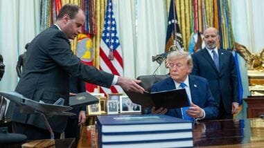 Will Scharf, White House Staff Secretary, from left, US President Donald Trump, and Howard Lutnick, US commerce secretary, during an executive order signing in the Oval Office of the White House in Washington, DC, US, on Thursday, Aug. 6, 2026. Trump signed a pair of executive orders aimed at denying citizenship to certain people born in the US, his second attempt to curb birthright citizenship after the Supreme Court knocked down an earlier directive.