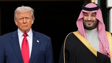 FILE - President Donald Trump stands with Saudi Arabia's Crown Prince Mohammed bin Salman on his visit to the White House, Nov. 18, 2025, in Washington. (AP Photo/Mark Schiefelbein, File)