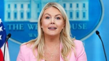 FILE - White House press secretary Karoline Leavitt speaks with reporters in the James Brady Press Briefing Room at the White House, July 16, 2026, in Washington. (AP Photo/Julia Demaree Nikhinson, File)