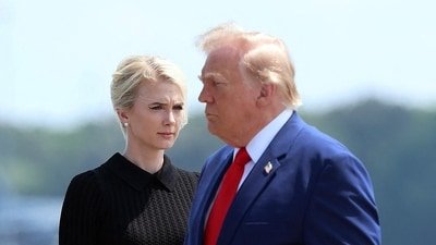 President Trump reportedly made a joke about Natalie Harp succeeding Karoline Leavitt as press secretary after her departure. (Getty Images via AFP)