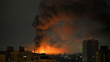 Smoke rises above residential buildings following an air attack in Kyiv on August 1, 2026