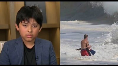 Ten-year-old Nathaniel Rai, the Dallas boy rescued from dangerous surf by 16-year-old lifeguard Ryder Williams, has recalled the terrifying moments when he believed he would not survive. (Screenshot from CBS Mornings; credit santacruznow/instagram)