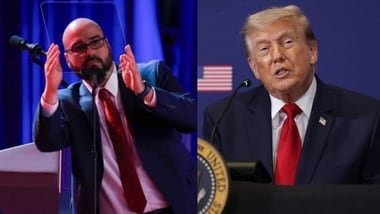 The US CFTC Commodity Futures Trading Commission on Friday asked former White House teleprompter operator Gabriel Perez to pay  ₹1.65 cr as fine over Trump speech prediction bets (Images: Reuters (L - showing Gabriel Perez), AFP (R - showing Donald Trump))
