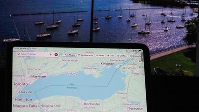This photo illustration shows a Google map identifying Lake Ontario as "Lake America" in front of a photograph. (AFP)