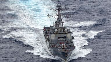This US Navy handout photo released on August 8, 2026 and taken on August 4, by US Central Command Public Affairs shows the Arleigh Burke-class guided-missile destroyer USS Rafael Peralta (DDG 115) patroling in the US Central Command area of responsibility. (Photo by US NAVY / AFP) - Representative Image