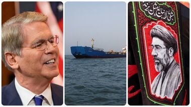 U.S. Treasury Secretary Scott Bessent (L); Image from Strait of Hormuz; Iranian Supreme Leader Mojtaba Khamenei