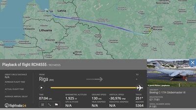 Flight tracking data showed that the US aircraft, with callsign RCH4555 and bearing registration 07-7181, took off from Riga at around 8.50 am and landed in Moscow minutes after 10 am. (X/ Flightradar24)