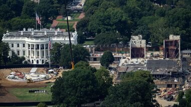 Construction of a helipad and ballroom at the White House, as seen from a window at the Washington Monument, in Washington, D.C., U.S., August 13, 2026. REUTERS/Nathan Howard