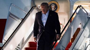 FILE PHOTO: U.S. President Donald Trump arrives aboard the new Qatari-gifted Air Force One, as he returns to Washington after participating in a NATO leaders' summit in Turkey, at Joint Base Andrews, Maryland, U.S., July 9, 2026. REUTERS/Jonathan Ernst/File Photo