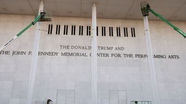 A file image shows newly added lettering of U.S. President Donald Trump’s name on the façade of the John F. Kennedy Center for the Performing Arts, a day after its board announced it would rename the institution the Donald J. Trump and John F. Kennedy Memorial Center for the Performing Arts in Washington, D.C.