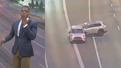 A US reporter was left stunned after a car crashed into a stalled vehicle during his live television traffic report. (Instagram/kjjacobs21)