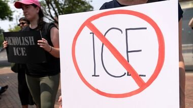 Demonstrators rally against opening of ICE headquarters in Washington, Saturday, July 18, 2026.
