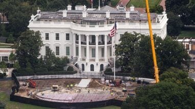 Construction continues on a helipad on the South Lawn of the White House