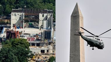 Construction continues on the White House ballroom. Marine One with President Donald Trump on board lifts off from the Ellipse near the White House.
