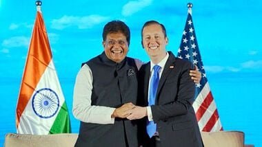 Union Minister for Commerce and Industry Piyush Goyal poses for a photo with US Ambassador to India Sergio Gor. (@USAmbIndia X/ANI Photo)