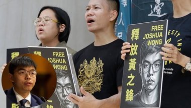 Hong Kong activist and supporters hold signs during a press event to support pro-democracy activist Joshua Wong in Taipei, Taiwan, Wednesday, Sept. 2, 2026. (Inset: Joshua Wong).