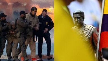 Nicolas Maduro escorted towards the Daniel Patrick Moynihan United States Courthouse in Manhattan for an initial appearance to face U.S. federal charges. A supporter holds a figurine depicting Nicolas Maduro as people gather to show support for him.