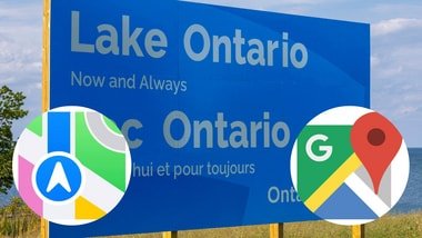 A sign reading 'Lake Ontario, Now and Always,' unveiled by Ontario Premier Doug Ford at Fifty Point Conservation Area, after U.S. President Donald Trump signed an executive order renaming Lake Ontario as 'Lake America,' near Grimsby, Ontario, Canada, August 29, 2026. (Inset: Apple and Google Maps logos)