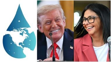 NABEP logo (L); US President Donald Trump (C); Venezuela's interim president, Delcy Rodriguez.