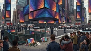 According to New York Police Commissioner Jessica Tisch, a 49-year-old woman from Queens pulled two knives from a shopping bag shortly before 4:30 p.m. near an NYPD substation outside One Times Square. (AI Image)