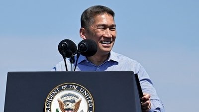 NEW YORK, NEW YORK - JULY 04: Acting Secretary of the Navy Hung Cao speaks during an International Naval Review aboard the USS Kearsarge in New York Harbor on July 04, 2026 in New York City. (Photo by Vincent Alban / GETTY IMAGES NORTH AMERICA / Getty Images via AFP) (Getty Images via AFP)